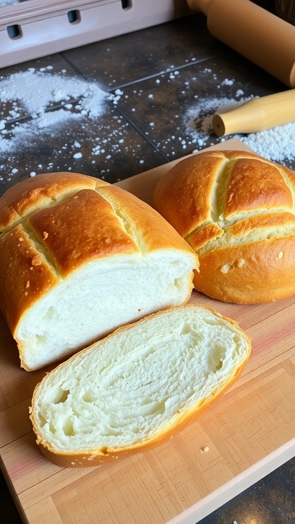 Two loaves of freshly baked homemade bread on a cutting board, one sliced to show its fluffy texture.